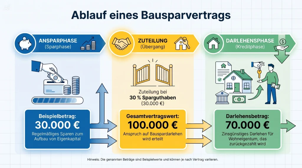 Die drei Phasen eines Bausparvertrags: Ansparphase, Zuteilung und Darlehensphase