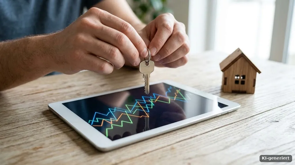 Hausschlüssel, Tablet mit Kursdiagramm und Hausmodell auf dem Tisch