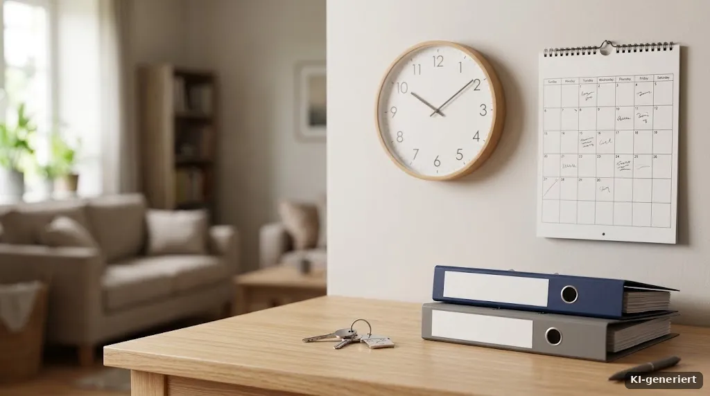 Uhr und Kalender über einem Schreibtisch mit Hausschlüssel
