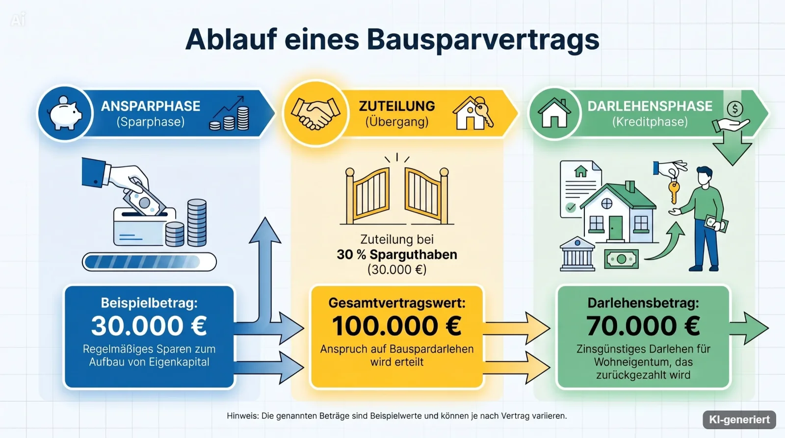 Die drei Phasen eines Bausparvertrags: Ansparphase, Zuteilung, Darlehensphase