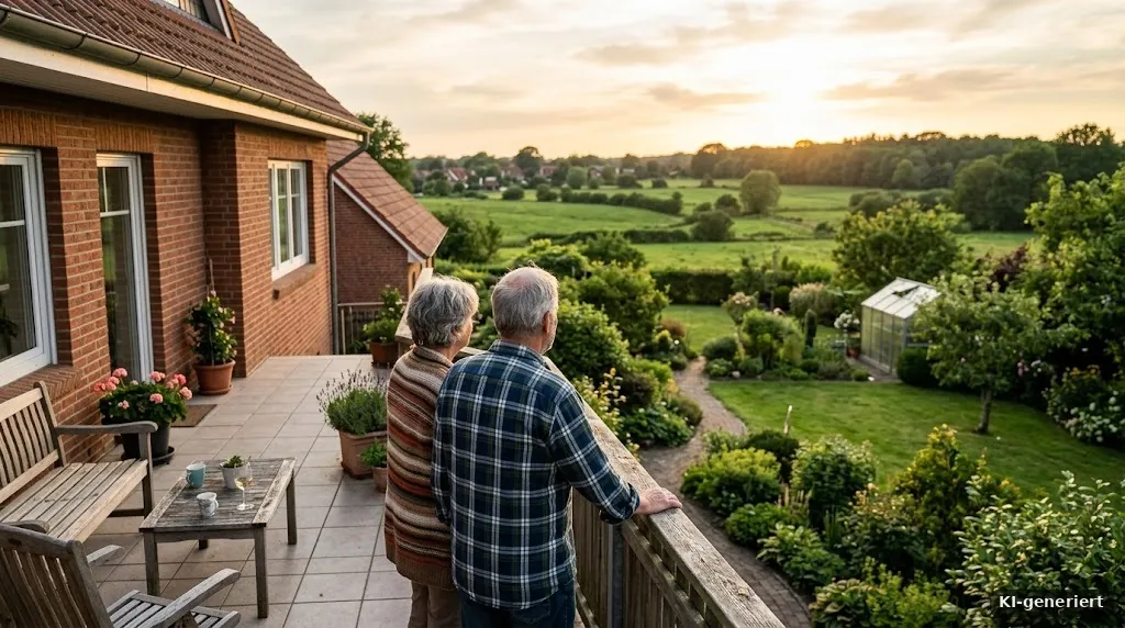 Älteres Paar auf der Terrasse des eigenen Hauses