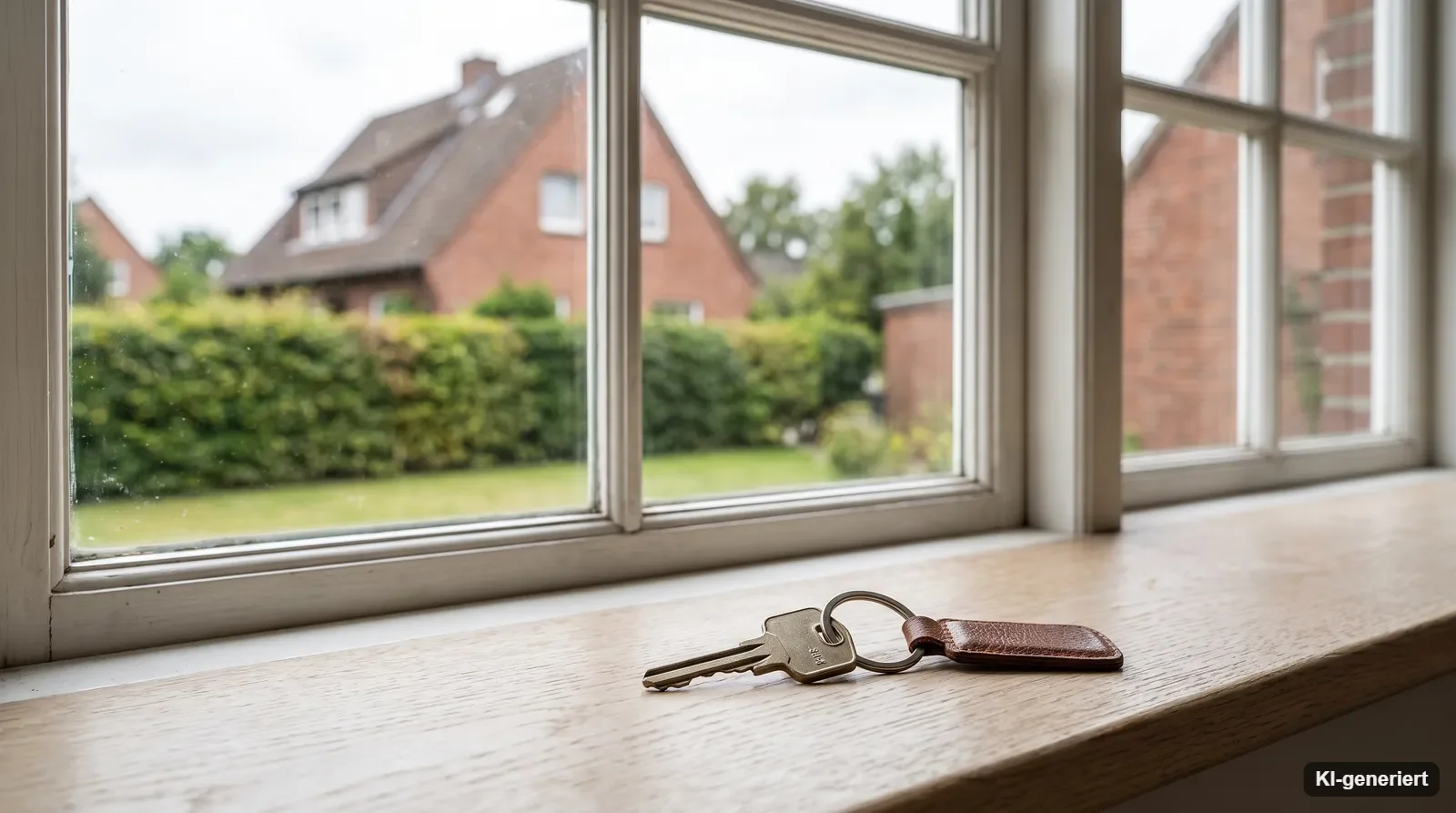 Hausschlüssel mit Lederanhänger auf einer Fensterbank, dahinter ein Klinkerhaus mit Garten