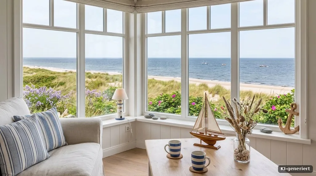 Helle Ferienwohnung mit Blick auf die Dünen und das Meer, maritime Einrichtung