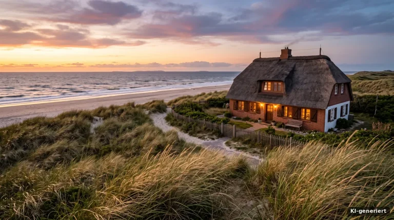 Ferienhaus mit Reetdach hinter den Dünen an der Nordseeküste im Abendlicht
