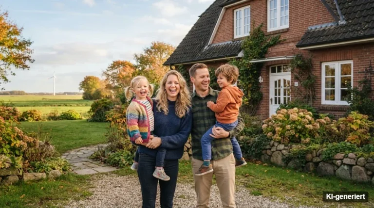 Junge Familie vor einem roten Klinkerhaus in Ostfriesland (KI-generiert)